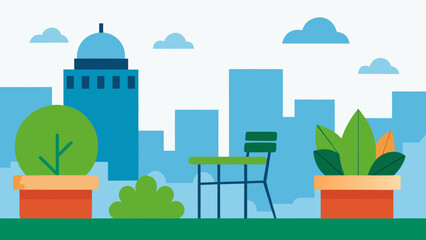 Rooftop garden with greenery chairs and potted plants