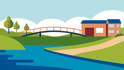 Riverbank near suburban area with footbridge vector