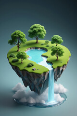 Serene Floating Island with Lush Greenery Trees and a Cascading Waterfall a Tranquil Oasis