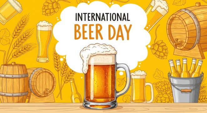 A festive cartoon illustration celebrates international beer day with mugs and barrels