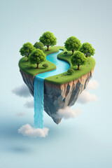 Floating Island with River and Waterfall Digital Art Illustration of Nature's Beauty and Tranquility