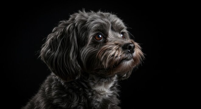 Havapoo. Dog Portrait Looking Upward in Studio Against Black Background
