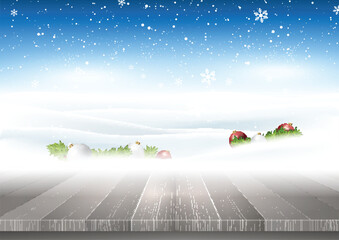 Christmas background with wooden table looking out to snowy landscape