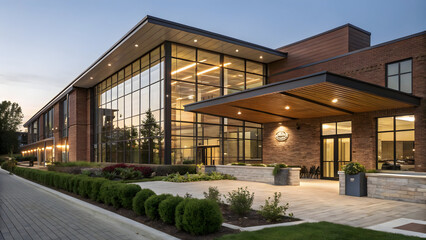 Modern glass office building exterior at night, a striking example of urban architecture