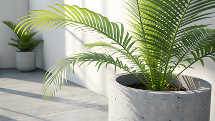 Fototapeta premium A tropical potted palm, a vibrant houseplant with lush green leaves, stands isolated in a white vase within a modern city interior