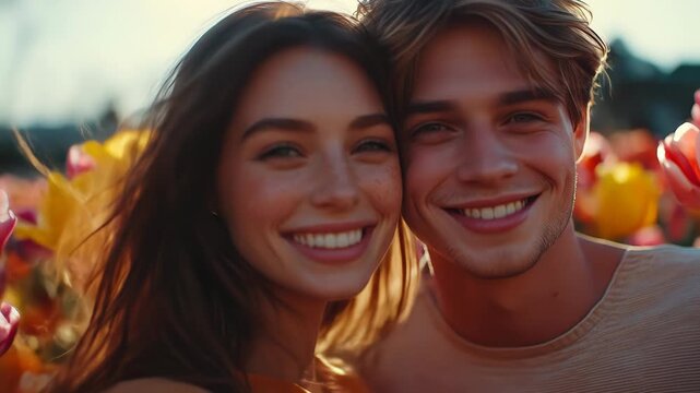 Close-up of a happy couple smiling in a field of tulips