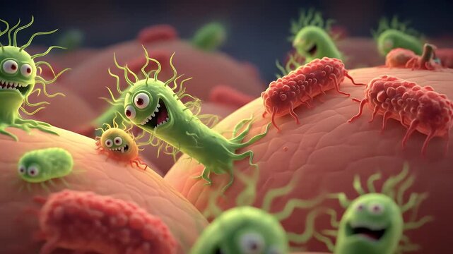 Cartoon bacteria crawling on flesh terrain in animated microscopic world