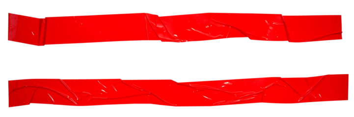 Two long crumpled torn pieces of red packing tape, adhesive sealing tape, sticky torn plastic on transparent background, x sign. 2 piece of red plastic, glossy shine texture for make cross sign
