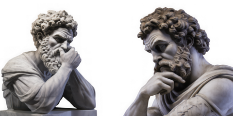 Two ancient marble busts of thoughtful men with curly hair and beards isolated on white isolated on transparent background