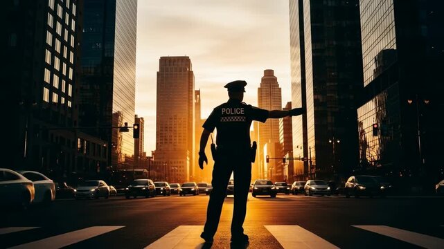 Police Officer Directing Traffic at Sunset in City - A silhouetted police officer stands in the middle of a city street at sunset, directing traffic.
