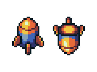 Fototapeta premium Colorful pixel art rocket ships, retro space shooter games, top-down arcade-style projects, or sci-fi UI elements. Two distinct rocket designs in a vibrant color palette.