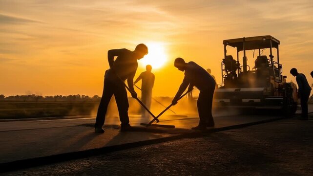 Road Construction Crew at Sunset - Silhouetted workers use hand tools to smooth hot asphalt on a newly paved road as a road roller sits nearby at sunset.