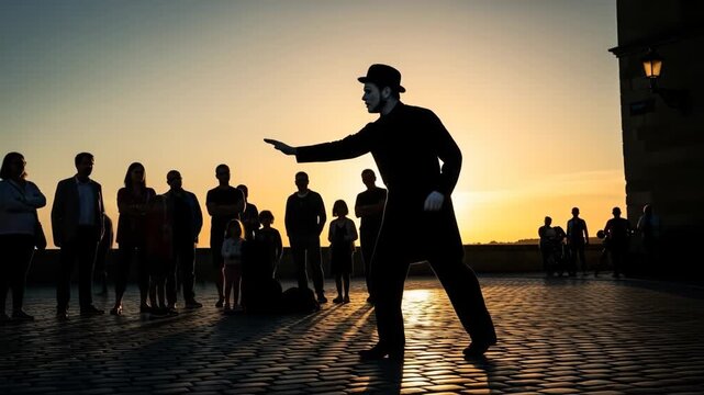 Silhouetted Mime Performing at Sunset for Crowd - A mime performs for a crowd of onlookers silhouetted against a vibrant sunset.
