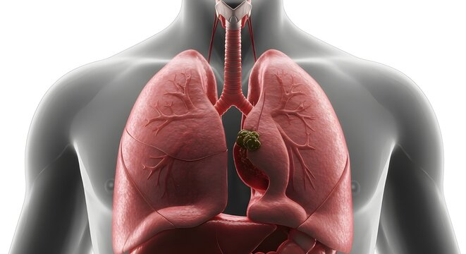 A side-by-side comparison of healthy lungs and lungs affected by bronchiectasis &mdash; digital cross-section medical visualization, detailed anatomical rendering, labeled structures removed for clean stock
