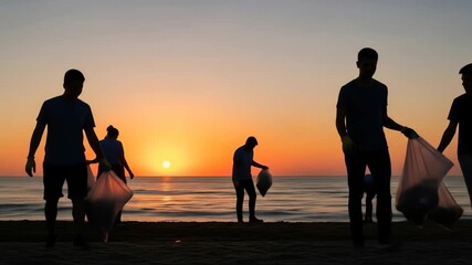 Volunteers Cleaning Beach at Sunrise - Silhouetted figures of volunteers work together to clean up a beach at sunrise, filling trash bags with debris. - Powered by Adobe