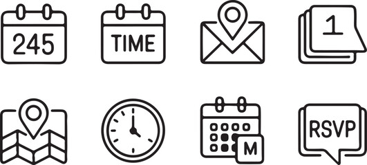 Black and white line art icons representing time management scheduling and reminders for business personal and organizational planning and productivity including a clock calendar and