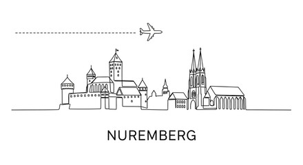 Nuremberg Skyline Line Art Plane Travel.