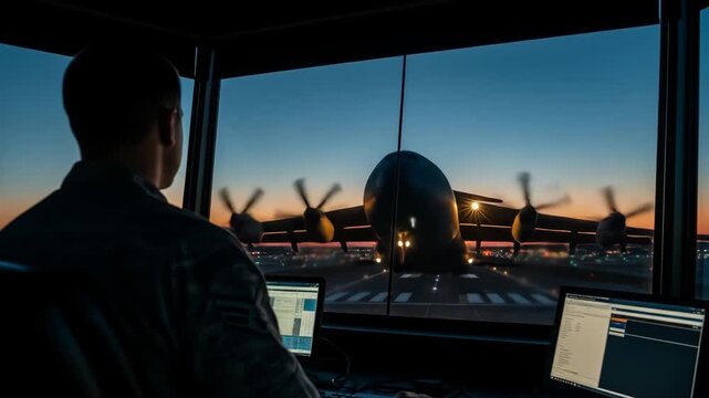 Air Traffic Controller Watching Airplane Landing at Sunset - A silhouette of an air traffic controller is seen from behind, intently watching a large military transport plane landing on a runway at