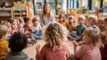 Children singing and participating in a lively preschool classroom activity