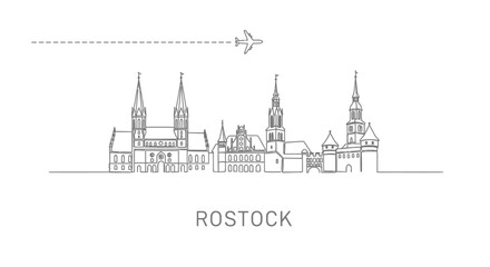 Fototapeta premium Rostock Skyline with Germany Line Art Airplane.