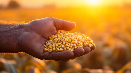 Farmer s hand holding ripe corn kernels at sunset in a field