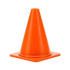 Bright orange plastic agility cone with a wide base and tapered top for sports training, against a transparent seamless studio background with soft illumination and no shadows, perfectly isolated.