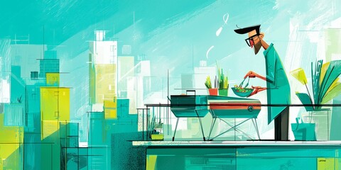 Stylish man cooking vegetables on a balcony grill in a modern cityscape