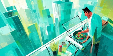 Man using a compact solar cooker to prepare vegetables on a modern balcony