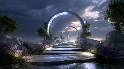 Stone Steps Leading to Glowing Rings Under a Dramatic Sunset Sky