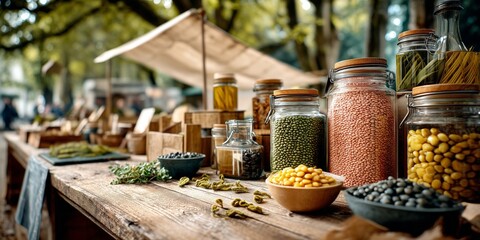 Glass jars of grains and legumes displayed at a sustainable outdoor market stall