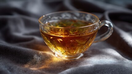 Golden Tea in Glass Cup on Gray Fabric
