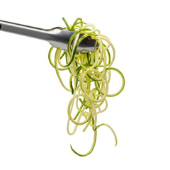 Zucchini noodles, a healthy low carb pasta alternative, are lifted by metal tongs, ready for cooking or serving a nutritious meal.