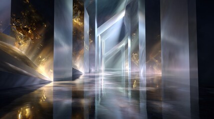 Abstract Cityscape at Night with Glowing Lights and Reflective Surface