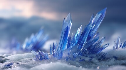 Blue Ice Crystals on Snow Winter Landscape