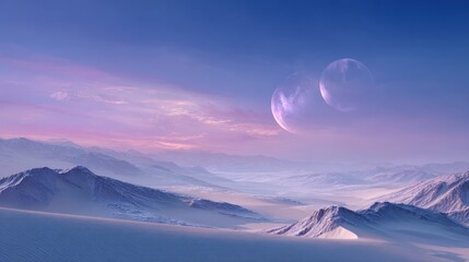 Purple Pink Sunset Landscape with Two Moons and Snowy Mountains