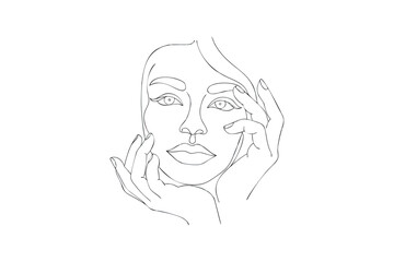 Obraz premium Elegant Woman's Face with Hands in Minimalist Line Art Style on White Background