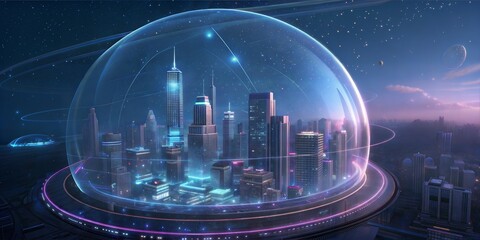 Futuristic Metropolis: A captivating digital rendering showcasing a high-tech urban landscape, encapsulated within a transparent protective dome.