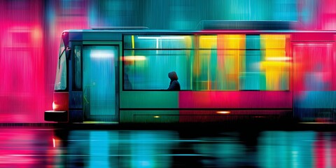 A neon-lit bus glides through a rainy city night with one visible passenger