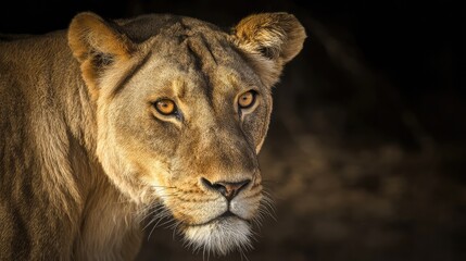 Fototapeta premium Lioness with a focused gaze, showcasing detailed fur under warm savanna sunlight.