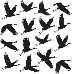 Flying flamingo Silhouettes vector set. Black silhouette of tropical  flamingo bird vector. Elegant silhouettes of flamingos