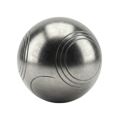 Perfectly spherical, polished steel petanque ball, pristine and new, floating centrally on a transparent background in a shadowless studio, ultra realistic product photography concept
