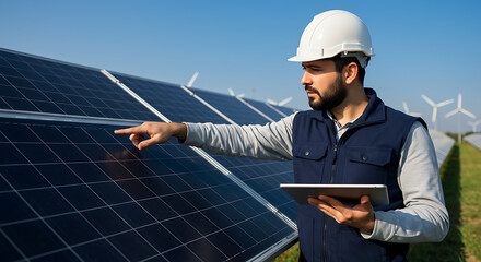 A solar panel technician inspects solar panels in a field, holding a tablet and pointing.