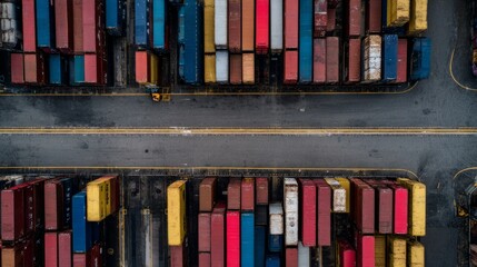 Geometrically arranged cargo containers viewed from an elevated perspective under overcast skies