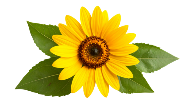 Bright yellow sunflower blossom with green leaves isolated on a white background