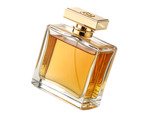 Close up of a square perfume bottle with a golden cap filled with amber liquid on a white background