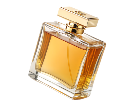 Close up of a square perfume bottle with a golden cap filled with amber liquid on a white background