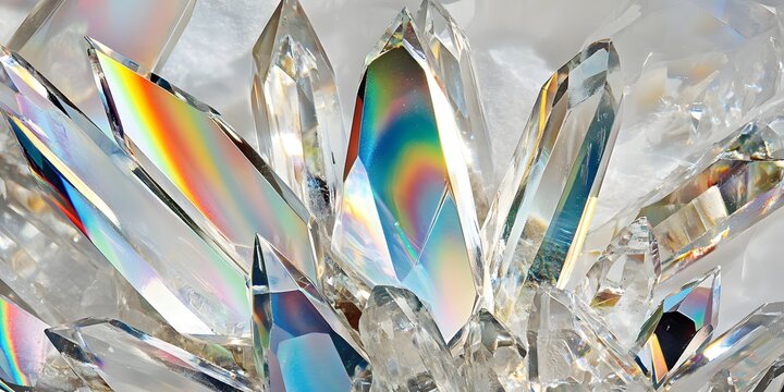 Rainbow Aura Quartz Crystal Cluster Detailed Macro Photography Shiny Facet Light Color White Clear - Powered by Adobe