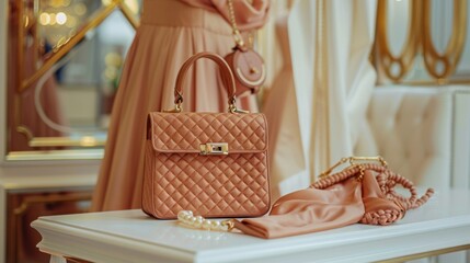 A sophisticated quilted bag takes center stage, complemented by soft fabrics and delicate jewelry, creating a scene of quiet luxury. Dreamy colors and gentle lighting.