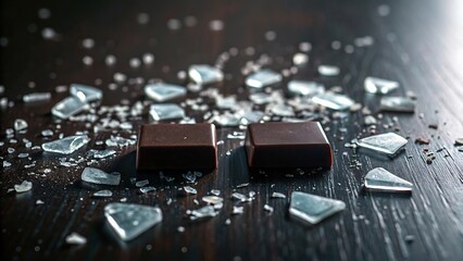 Two Dark Chocolate Squares with Sea Salt and Broken Glass on Dark Wood