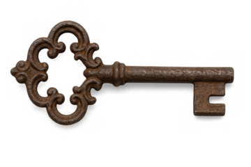 Antique rusty key with ornate bow isolated on transparent background, ideal for concepts related to history, security, and mystery